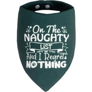 8 x Christmas Dog Bandanas Naughty & Nice Idea Funny Holiday Stocking Pet Scarf Gifts - On The Naughty List and I Regret Nothing, Solid Green, Extra Large Breed, 75lbs+