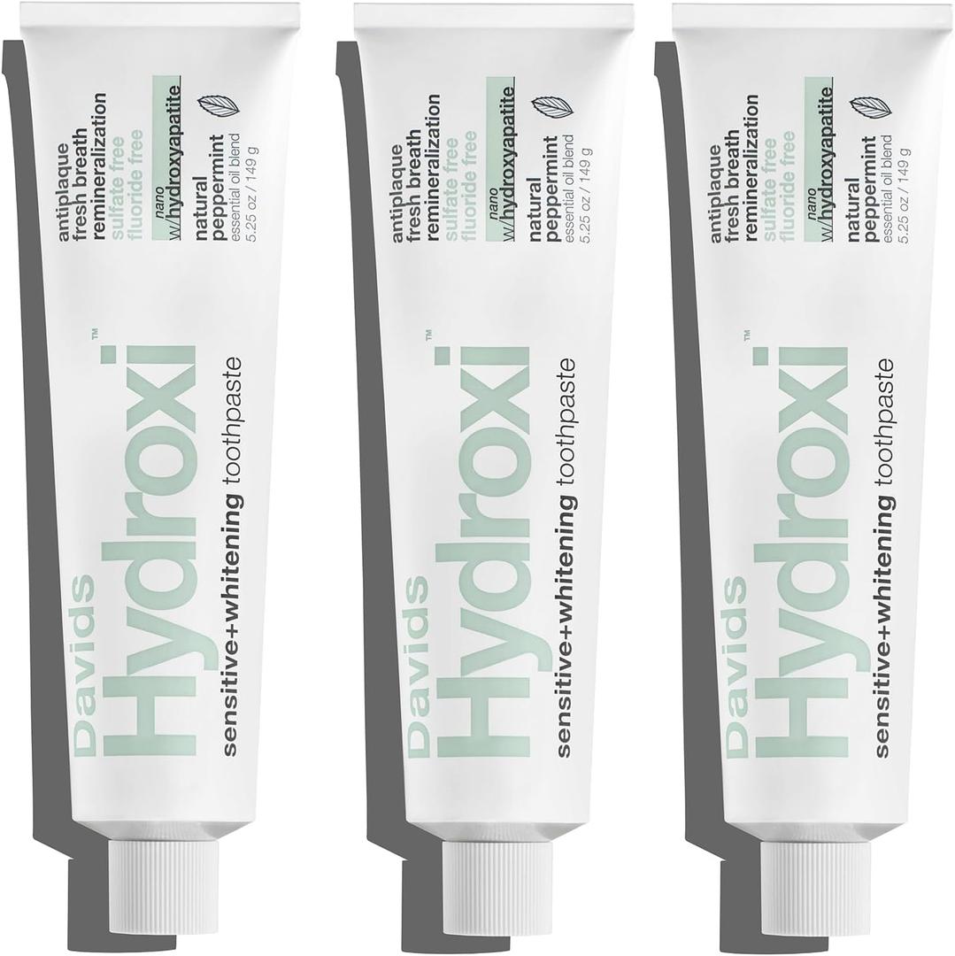 Davids Hydroxi Fluoride Free Nano Hydroxyapatite Toothpaste for Remineralizing Enamel & Sensitive Relief, Whitening, Antiplaque, SLS Free, Natural Peppermint, 5.25oz, Made in USA (3 Pack)