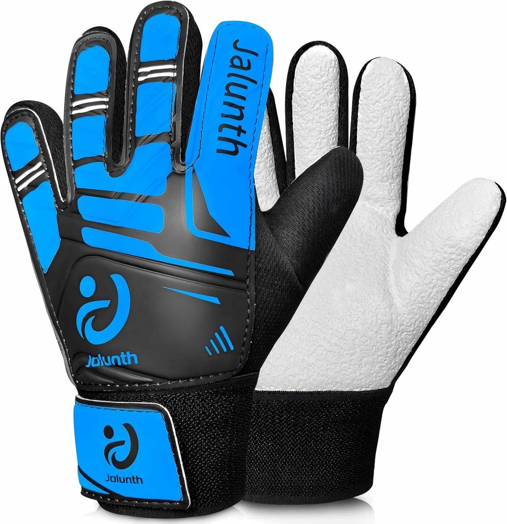 Jalunth Soccer Goalie Goalkeeper Gloves Kids Youth Goal Keeper Field Player Gloves Boys Girls Training Grip Glove Age 7-8 Years Old with Upgraded Anti-Skid Latex Palm Blue Black Size 6