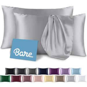 Bare Home Satin Pillowcases for Hair and Skin - 2 Pack Queen - Luxury Pillowcases - Zipper Enclosure - Soft and Smooth Satin - Breathable - Similar to Silk (Silver, 2 Pack) (01 - Silver Grey)