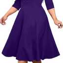 CLOCOR Women's Plus Size Midi Dress 3/4 Sleeve A-Line Swing Dress V Neck Flowy Casual Dresses (Purple, XXL)