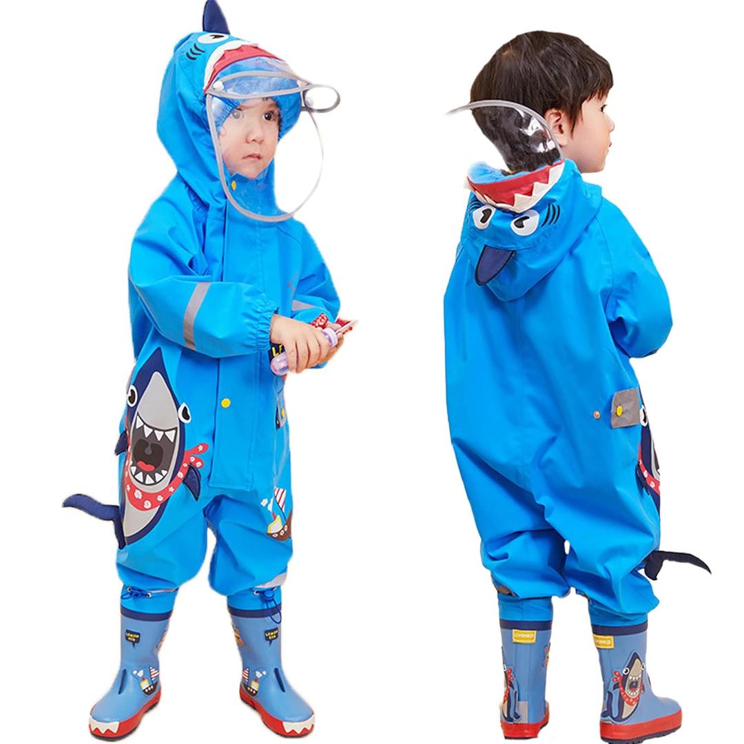 Toddler Boys Rain Suit Lightweight Waterproof Coveralls Cartoon Shark Hoodie Rain Jacket 4-6 years L Size