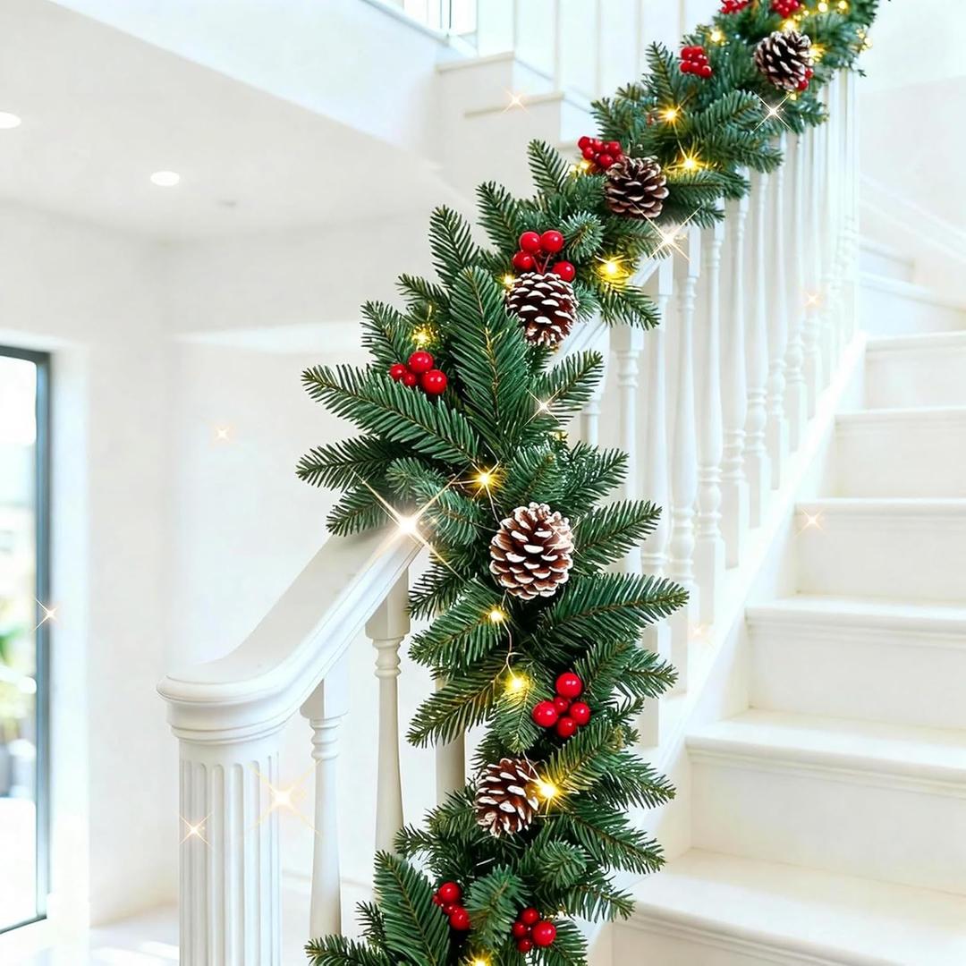 Pre-lit Christmas Garland, 9FT Lighted Christmas Garland Indoor with Red Berries & Pine Cone for Stairs Wall Door Outdoor Holiday Decor with Battery Operated Timer, Artificial Xmas Garland