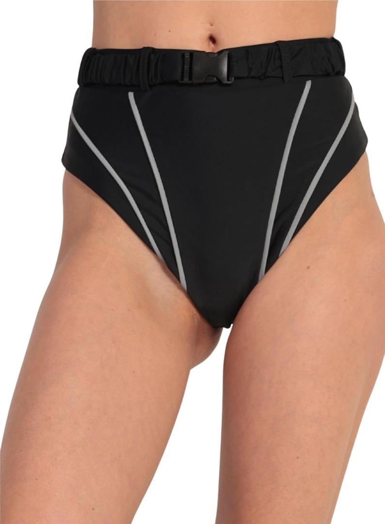 Womens Reflective Rave Booty Shorts - High Waist Thong Bottom Buckle Waistband EDC Pole Dance Pants Festival Outfit (Small, Black)
