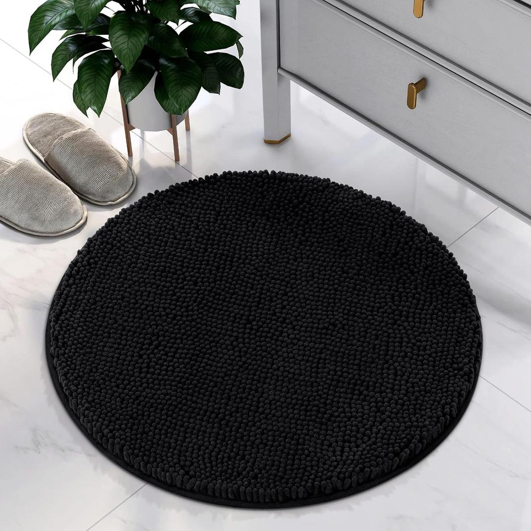 HOMEIDEAS Round Bathroom Rug, Luxury Chenille Shaggy Extra Soft and Absorbent Non Slip Machine Washable Bath Mat (Black, 2 Ft)