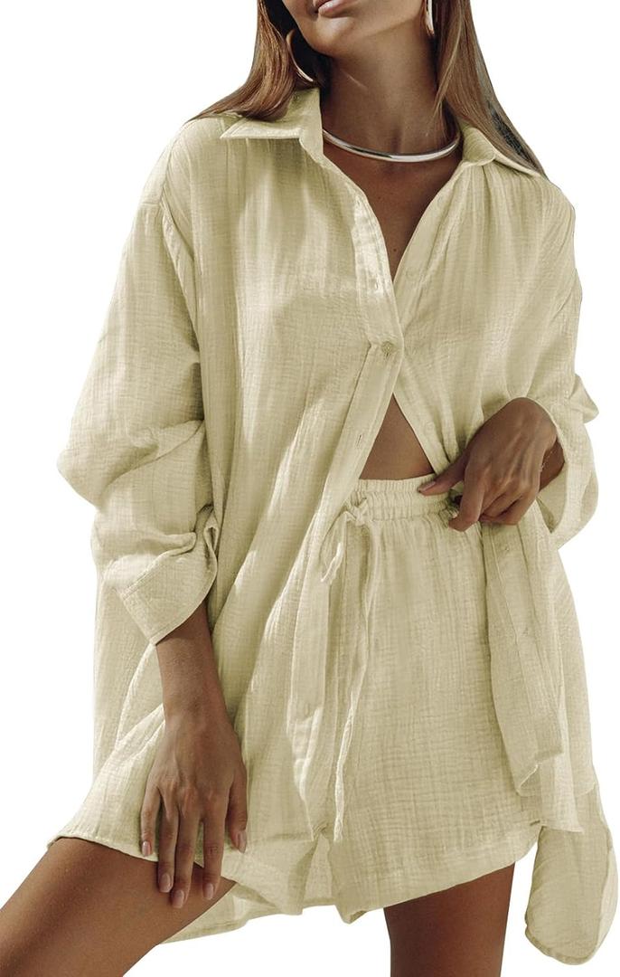 Fixmatti Women 2 Piece Outfits Long Sleeve Button Down Blouse and Shorts Sweatsuit Sets (Small, Yellow)