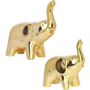 A Pair Elephant Statues Gold Ceramic Elephant Figurine for Livingroom Bedroom Home Decor Office Desk Shelf Animals Figurine Decoration