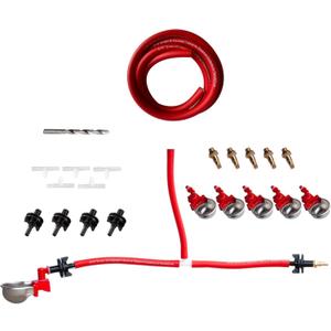 RentACoop DIY Sip Station Watering System Starter Kit; Includes Tubing, Brass Nozzles, Metal Auto-Fill Cups, Tubing Adaptors, T-Connectors, and 11mm Drill Bit; Great for Rabbits, and More, Red