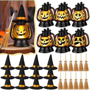 Ferraycle 12 Pack Halloween Mini Lantern Decor with Witch Hats and Broom Halloween Horrible Expression Mini Lantern Pumpkin Decoration Bulk Hanging Lantern Table Centerpiece for Halloween Party Decor