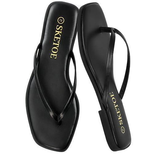 SKETOE Flip Flops for Women Square Toe Flat Sandals for Women Comfortable Thong Sandals Vegan Leather Flip Flops Lightweight Summer Beach Sandals Dressy Vacation Essentials Slides, Black, 8 SKETOE Flip Flops for Women Square Toe Flat Sandals for Women Comfortable Thong Sandals Vegan Leather Flip Flops Lightweight Summer Beach Sandals Dressy Vacation Essentials Slides, Black, 8