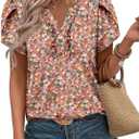 KISSMODA Women's Tunic Tops Casual V Neck Short Sleeve T Shirts Summer Puff Sleeve Ruffle Blouses (Pink, S)