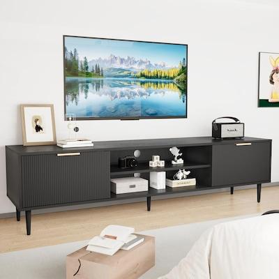 Garvee Black TV Stands Mid Century Modern TV Stand with 2 Large Storage Cabinets for TVs Up to 75 in Black Entertainment Center with Fluted Panel Design TVs Stands for Living Room for Bedroom Office