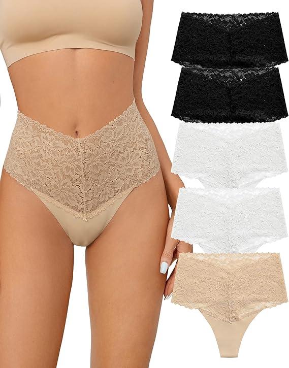SHARICCA Women Seamless High Waist Underwear Sexy Floral Lace Thong Soft Comfortable Panties Pack of 5, L, 2 Black 2 White 1 Skin