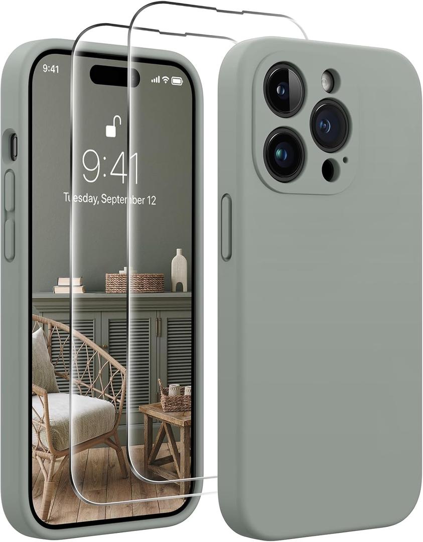 AOTESIER Shockproof for iPhone 14 Pro Max Case, Upgraded [Camera Protection] Food Grade Silicone Phone Case with [2 Screen Protectors], Anti-Scratch Soft Microfiber Lining Inside, 6.7 inch, Natural