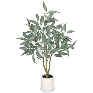 Eucalyptus Trees Artificial Indoor - 3FT Tall Faux Eucalyptus Plants in White Planter, Fake Plant Décor for Farmhouse Bedroom Office Room Hallway Decoration