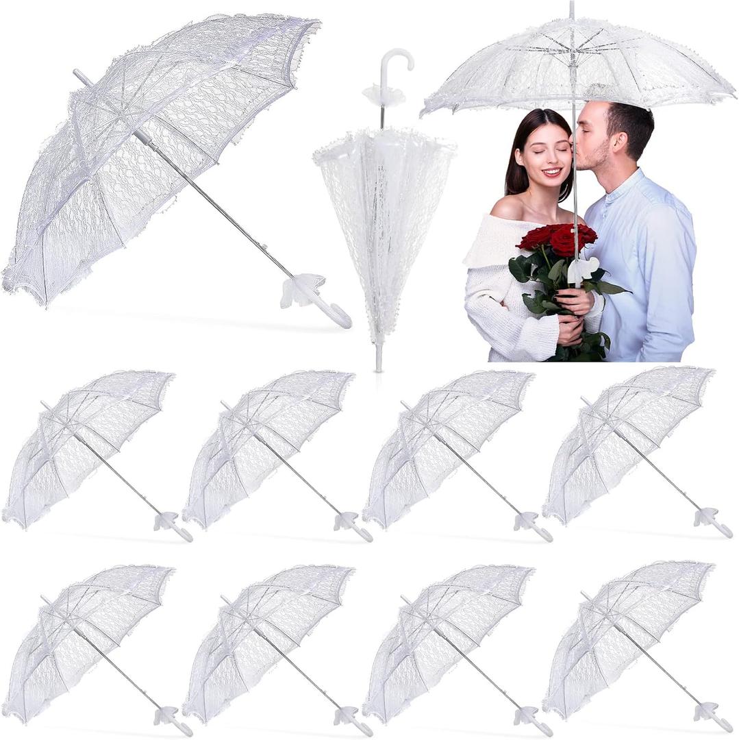 Amylove White Lace Parasol Umbrella Bulk Wedding Umbrella for Bridesmaids and Bridal Flower Photo Prop Vintage Decoration Lady Costume 1920s Party and Tea Party