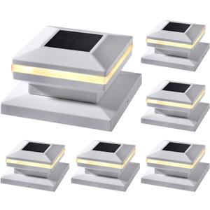 Dynaming 6 Pack Solar Post Cap Lights, Outdoor Decorative Post Solar Lights White Shell Caps Fit 4x4 5x5 6x6 Vinyl/Wooden Posts, Brightness Warm White LED Lighting for Garden Fence Deck Patio