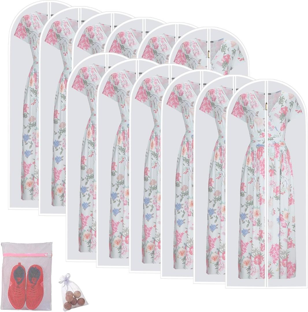 Garment Bags (Set Of 12) for Closet Storage Plastic Garment Bags Hanging Clothes Cover with Zipper Gown Garment Bag for Long Dresses (24'' x 60''/12 Pack+Gifts, White)