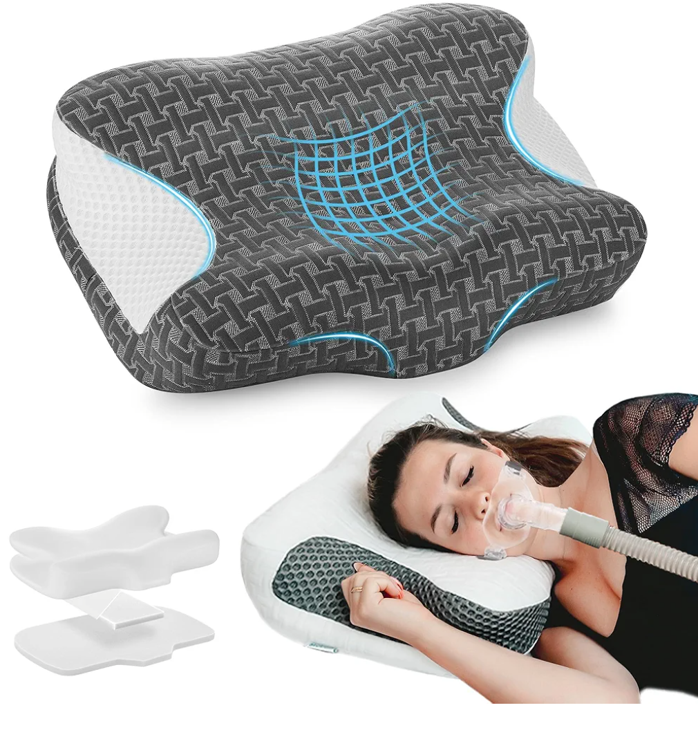 Elviros Cervical Neck CPAP Pillow for Sleeping, Ergonomic Adjustable Height Neck Support Memory Foam Bed Pillow for CPAP Users with Sleep Apnea, Suitable for Side and Back Sleepers