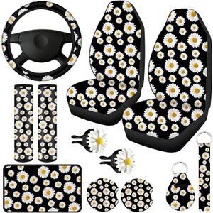 12 Pieces Daisy Flower Car Accessories Full Set Includes Daisy Car Seat Cover Steering Wheel Cup Holder Armrest Pad Decor