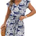 VERABENDI Womens Tropical Romper Vacation Outfit V Neck Flutter Sleeve Tie Waist Beach Romper for Cruise, Resort & Island (Blue, M)