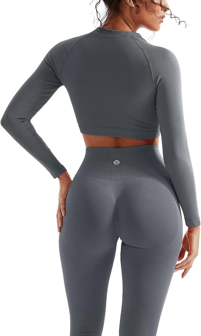 SUUKSESS Women 2 Piece Workout Sets Hidden Scrunch Hip Lifting Seamless Leggings Long Sleeve Yoga Crop Tops (Gray, M)