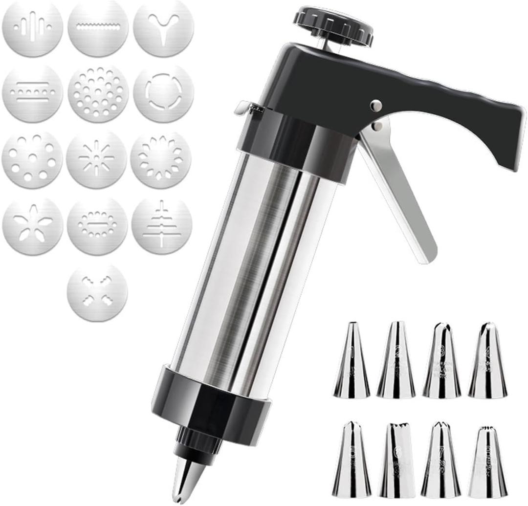 Cookie Press Gun Kit - Home & Kitchen Spritz Cookie Maker with 13 Discs + 8 Icing Nozzles for Christmas & Party Baking