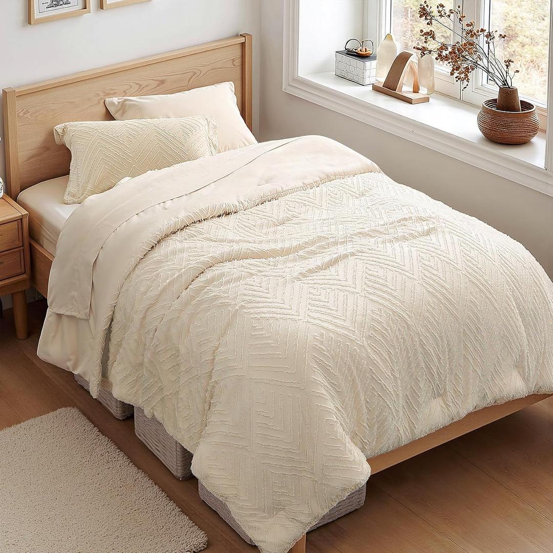 Zzlpp Twin Comforter Set 5 Pieces, Cream Tufted Bed in a Bag with Comforter and Pillowcase, All Season Boho Bedding Sets with 1 Comforter, 1 Pillow Sham, 1 Flat Sheet, 1 Fitted Sheet