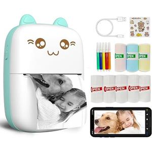 Mini Printer Portable, Inkless Sticker printer with 8 Rolls Paper, Bluetooth Wireless mini thermal printer Compatible with iOS + Android for Journal, Memo, Photo, Print Pod Gifts for Girls Kids