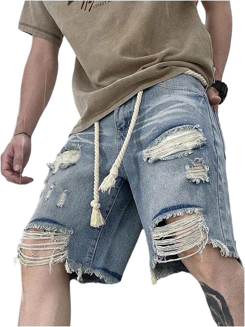 WDIRARA Men's Wide Leg Ripped Denim Bermuda Shorts Raw Hem Distressed Jean Shorts with Pockets (Blue, XXL)