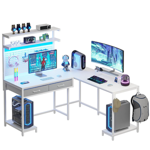 SEDETA White L Shaped Gaming Desk with LED Lights and Drawers, Gaming Desk with Hutch & Pegboard, Computer Desk with Monitor Stand, Storage Shelves, Home Office Desk Corner Desk, Gaming Table