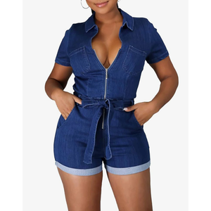Sexyshine Women's Sexy Button Down Slim Fit Denim Long Jumpsuit Playsuit Lapel Full length Jeans Rompers Overalls, L