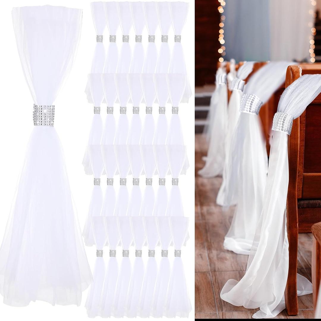 Threlaco 36 Set Wedding Aisle Chair Decorations 31.5 Inch Pew Bows with Long Tulle Tails and Rhinestone wrap for Wedding Ceremony Church Bridal Shower Banquet Decor (Silver)