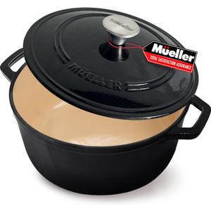 MUELLER HOME 6 Quart Enameled Cast Iron Pot Dutch Oven, Heavy-Duty Oven-Safe up to 500 F, & Across All Cooktops, Casserole Dishes for Ovens, Bread Pan with Lid and Knob, Cast Iron Cookware, Black