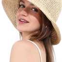 Womens Sun Hat Handmade Crochet Straw Bucket Hat Summer UV Protection Foldable Travel Cap UPF 50+ (Beige)