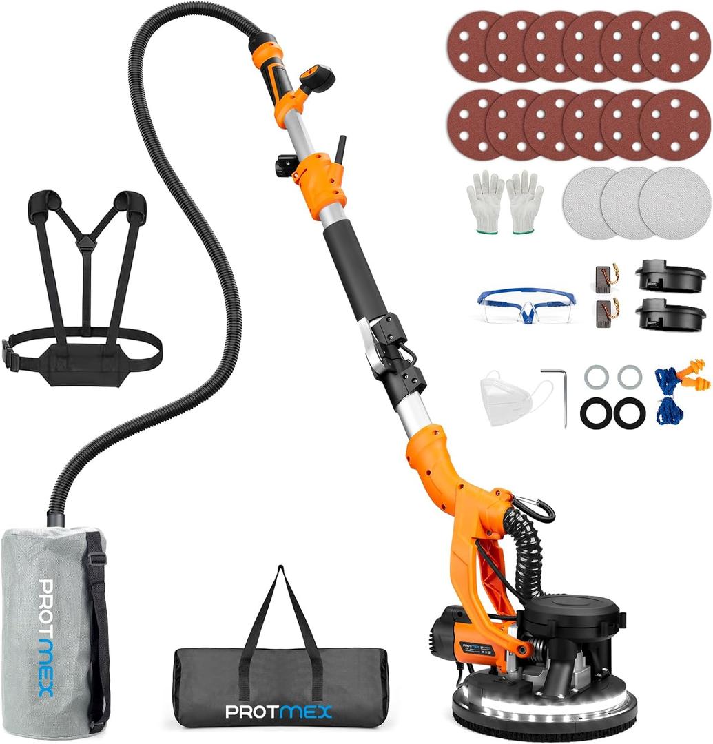 Drywall Sander, 1000W Popcorn Ceiling Removal Tool, Automatic Drywall Sander with Vacuum Dust Collection, LED Light, 6 Variable Speed 800-2200RPM, Foldable & Extendable Handle,15Pcs Sanding Discs