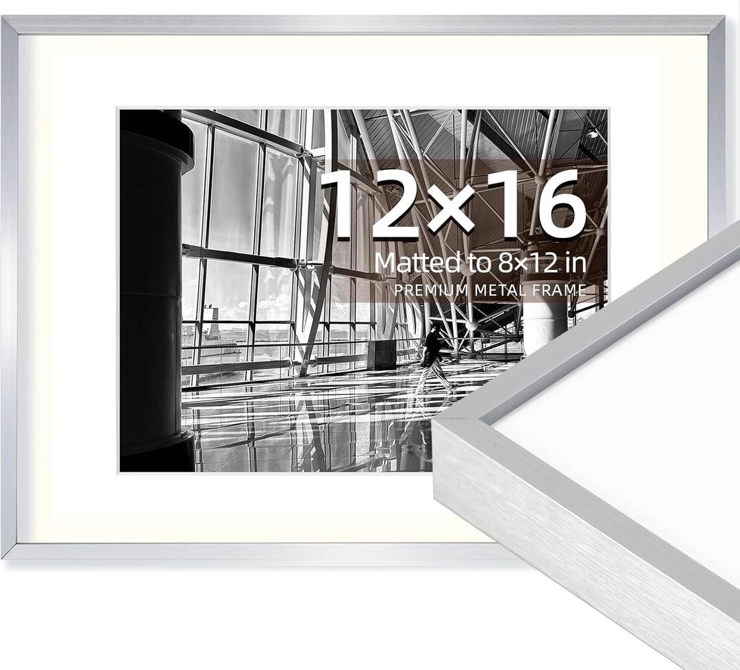 OUZUGIE 12X16 Picture Frame,Display Poster 8X12 With Mat or 12X16 Without Mat,Silver Aluminum Poster Frames with Premium Acrylic,Photo Frames with Strong Corner for Gallery Wall and Tabletop