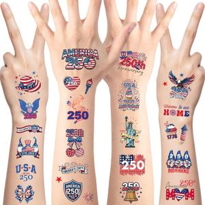 3 x 4th of July Temporary Tattoos 80 PCS 250 Anniversary USA Temporary Tattoos Independence Day American Flag Red White and Blue Tattoos for Kids Memorial Day, Fourth of July Party Decorations Accessories