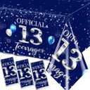 GREHUMOR 3pcs 13th Birthday Tablecloth Silver Blue Happy Birthday Decorations for Boy 13 Years Old Party Supplies Disposable Plastic Waterproof Table Cover