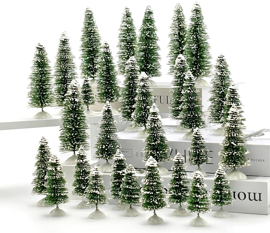 30 Pcs Mini Christmas Trees Artificial Christmas Tree Size 2.5 to 5.5 inches Bottle Brush Trees with Plastic Snow Base for Christmas Decorations DIY Craft Green with Heavy Snow