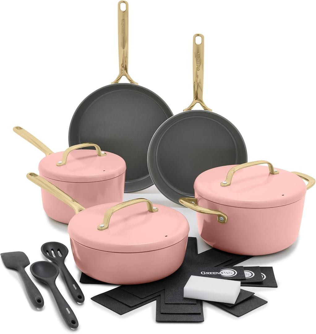 GreenPan GP5 14 Piece Cookware Pots and Pans Set, Hard Anodized Healthy Ceramic Nonstick PFAS-Free, Champagne Handles, Heavy Gauge, Stay-Flat Surface, Induction, Dishwasher and Oven Safe, Dusty Rose