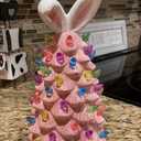 2026 Newly Lighted Easter Bunny Resin Tabletop Tree 6 Inches Pre-Lit Rabbit Figurines with Colorful Lamp Beads and Bunny Ear Top Spring Easter Holiday Decor Gifts (Pink)