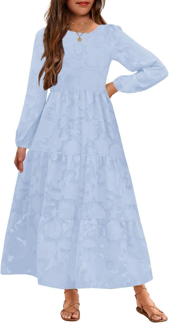 MITILLY Girls Fall Long Sleeve Dress Boho Flower A-Line Ruffle Tiered Flowy Maxi Dresses for Wedding Party 6Years (Blue)