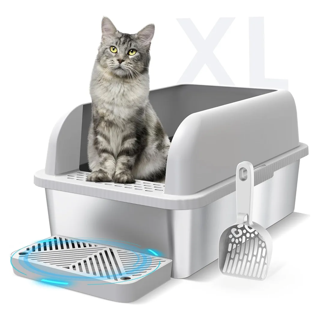 Enclosed Stainless Steel Cat Litter Box with Lid Extra Large Litter Box for Big Cats XL Metal Litter Pan Tray with High Wall Sides Enclosure, Non-Sticky, Anti-Leakage, Easy Cleaning