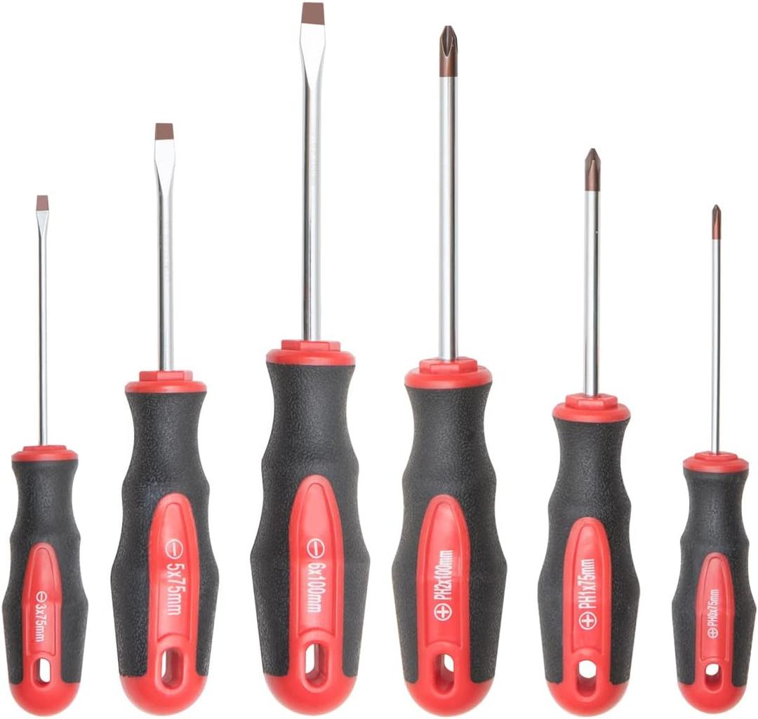 ROTATION 6PCS Magnetic Tip Screwdriver Set, 3 Phillips and 3 Flat, Red Tip | Red, Gloss, S2 Steel)