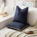 Decorative Neutral Linen Throw Pillow Covers 20x20 Inch Set of 2, Navy Blue Boho Farmhouse Pillow Covers with Braid Fringe for Sofa Bed Modern Couch Pillow Cases for Organic Home Decor