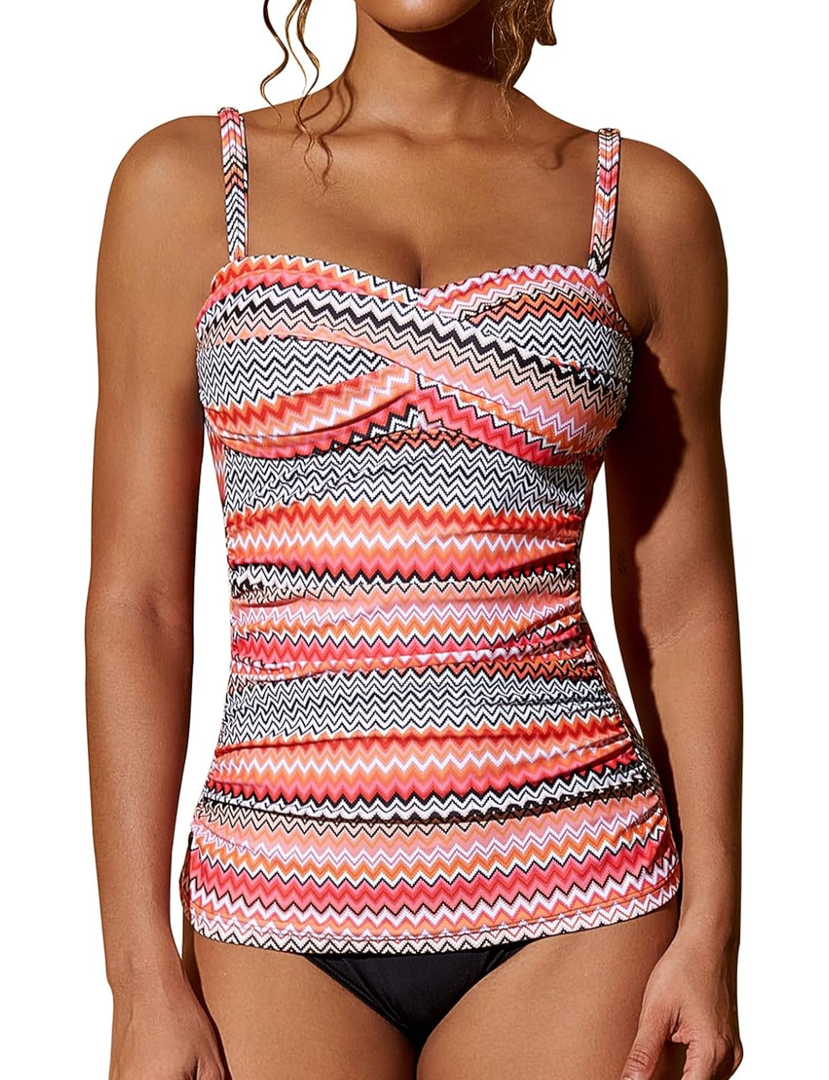 Women's Twist Front Bandeau Tankini Set Two Pieces Ruched Tummy Control Suimsuit with Mid Waist Briefs, XL