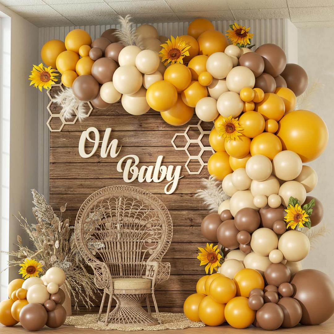 140pcs Bee Balloon Arch Garland Kit with Brown Mustard Yellow Sand White Balloons for Sunflower Bee Gender Reveal Birthday Baby Shower Decorations