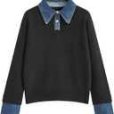 hathne Women's Oversized Polo Sweater Button Up Denim Lapel Pullover Sweater Long Sleeve Collared Knit Top (Large, Black)