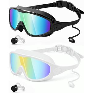 Rantizon Swim Goggles 2 Pack, Wide View Anti Fog&UV Swimming Goggles for Audlt, No Leaking Swim Glasses for Men Women Kids (Large for Adults, Black Blue & White Blue)